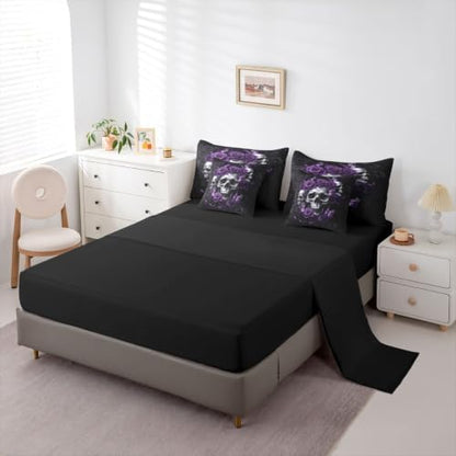 Feelyou Gothic Skull Comforter Set with Sheets 7 Piece Queen Size Halloween Goth Bedding SetKids Vintage Victorian Romantic Purple Rose Bed in a Bag Room Decor Soft Lightweight Microfiber