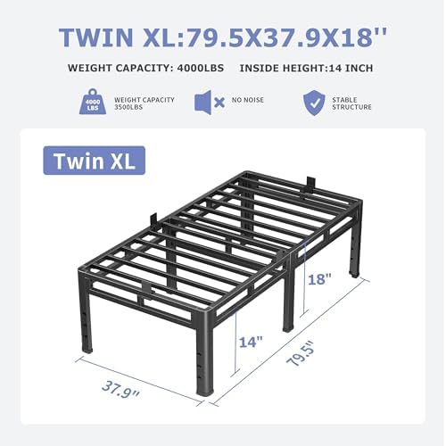 NKZ Metal Platform Bed Frame Twin XL, 18 Inch Dual-Layer Heavy Duty Base