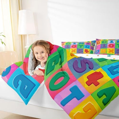 jejeloiu Number Learning Comforter Set Queen Size Alphabet ABC Bedding Set for Kids Boys Girls Colorful Educational Duvet Quilt Bedroom Decor Microfiber 3 Pcs with 2 Pillow Cases