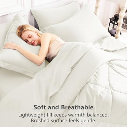CozyLux Queen Comforter Set 88"x88" Ivory - 7 Piece Bed in a Bag