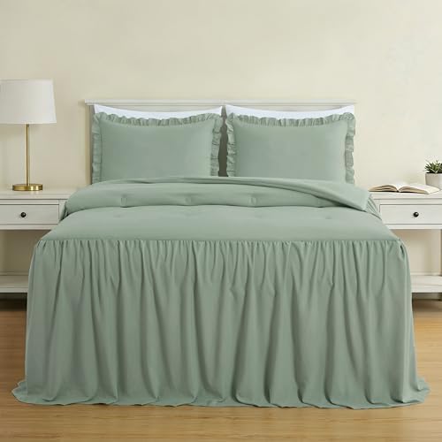 Chezmoi Collection Sinclair 3-Piece Ruffle Skirt Bedspread Set - Soft Lightweight Crinkle Texture Microfiber Bedding - French Country Chic Farmhouse - California King, Sage Green