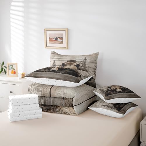 Erosebridal 7 Pcs Grizzly Bear Bedding Set Twin Hunting Bear Comforter Set for Kids Boys Girls Rustic Woodland Cabin Bed in a Bag Vintage Farmhouse Animal Sheet Set with Comforter Pine Tree Decor