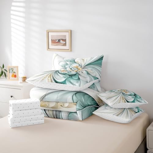 Erosebridal Marble Texture Comforter Set Full Size,Abstract Mable Floral Bedding Set for Kids Teens,Green Tie Dye (Comforter+Fitted+Flat Sheet+2 Pillowcases+2 Throw Pillow Covers) 7 Pieces Bed Set