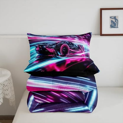 Erosebridal Kids Boys Girls Red Race Car Comforter Set King Size,Sports Cars Comforter Set for Teens Race Car Bedding Set Racing Cars Duvet Bed Set Room Decor Bedding Collection,Blue Black Pink