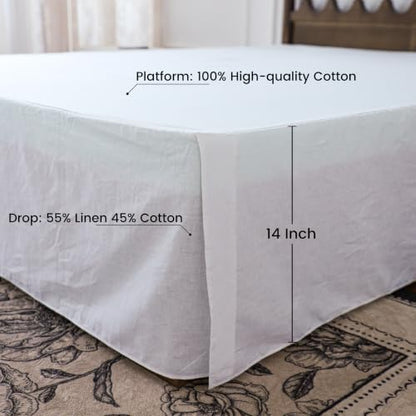 FALUCA Corner Split 14" Bed Skirt - Drop Linen Blend & Platform Pure Cotton, Wrap Around Tailored Drop Dust Ruffle for Farmhouse & Bedrooms, Breathable Cozy, Easy-Fit Bedding (King White 14")
