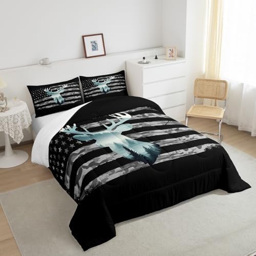 Feelyou Queen Camo Deer Hunting Bedding Set for Kids with 2 Pillow Cases, Forest Smoky American Flag Duvet