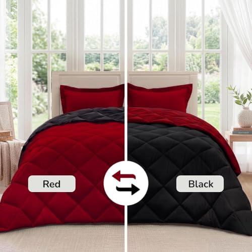 downluxe King Comforter Set Soft Reversible 3 Pieces, Black/Red