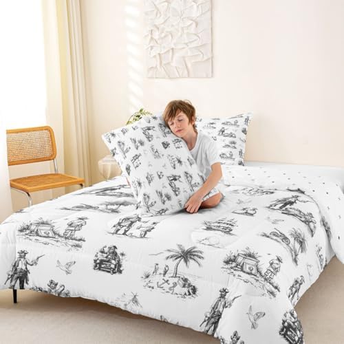 Pirate Ship Comforter Set King Size,Ocean Sailing Boat Seagull Bedding Sets 3Pcs Teens Adult Woman Men Room Decor,Tropical Coconut Tree Duvet Insert Vintage Sketch Grey Down Comforter,2 Pillowcases