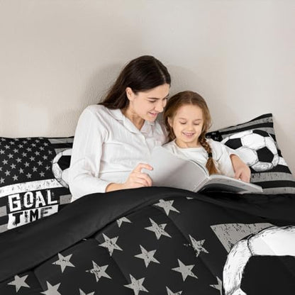 Boys Football Comforter Set Full, American Flag Duvet Sets Soccer Sports Games Down Comforter for Kids Teens Adult Bedroom, United States Stars Stripe Bedding Set with 2 Pillowcases, Black White