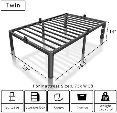 ROIL 16 Inch Twin Bed Frame with Rounded Corner & 4 Mattress Baffles