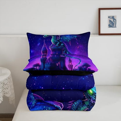 Fierce Wild Animals Bed Comforter Set Queen Size,Western Dragon Super Soft Microfiber Bedding Set for Girls Boys,Castle Mysterious Magical Theme Decorative Quilter Set