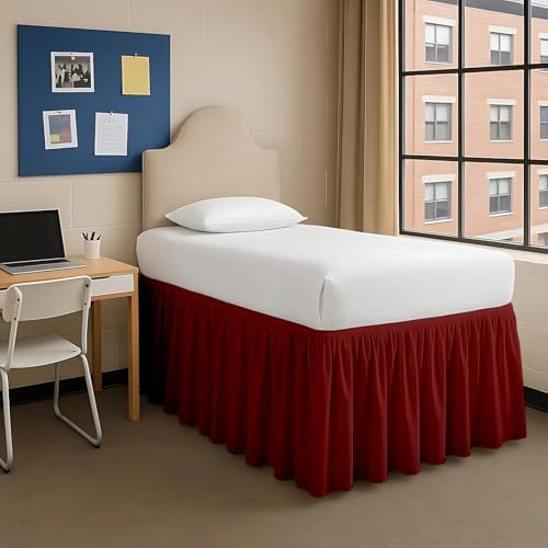 Dorm Bed Skirt Twin XL 60 Inch Drop, Easy to Install Extra Long Wrap Around Elastic Dust Ruffle, Bedskirt Solid Silky Fabric Machine Washable, Ruffled College Dorm Room Burgundy