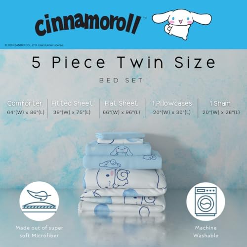 Cinnamoroll Bedding 5 Piece Super Soft Cozy Reversible Comforter and Sheet Set with Sham, Twin, (100% Official Licensed Product) By Franco