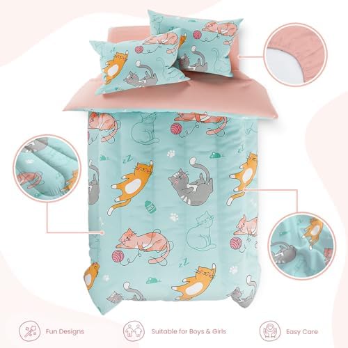 SANDJEST Cat Comforter Set Full for Girls, Ultra Soft Microfiber Bedding Sets with 4-Pieces, Cats Comforters Bed Sets for Kids Children Girl Bedroom Decor