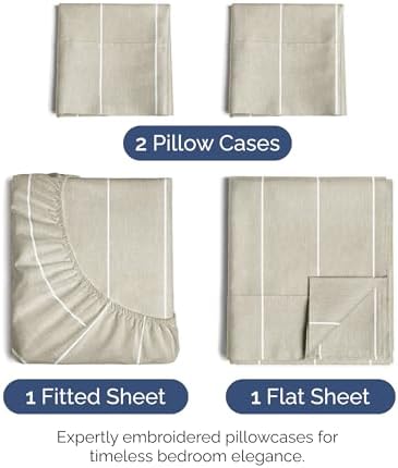 Queen Size 4 Piece Sheet Set - Soft & Cooling Bed Sheets - Beige Stripes 4
