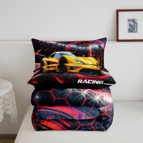 Erosebridal Boys Race Car King Size Bedding Set Kids Racing Car Comforter Extreme Sports Comforter Set for Teens Cool Cars Bedroom Decor Car Sports Quilt Set with Black White Flag,Black Yellow