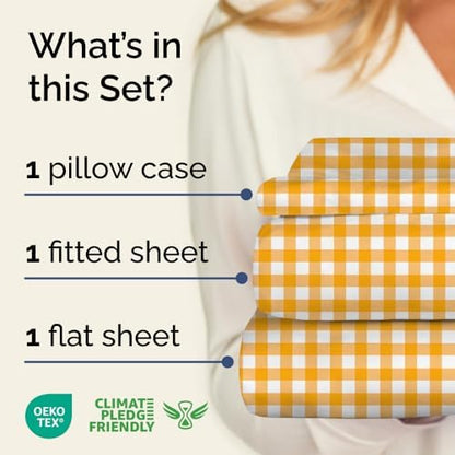 Twin XL 3 Piece Striped Sheet Set - Breathable & Cooling - Orange Gingham