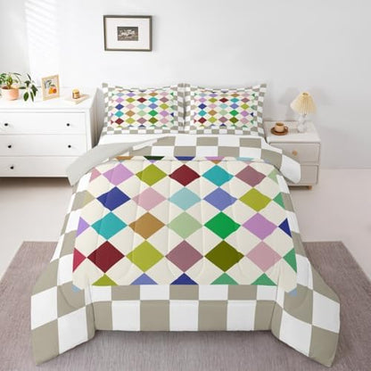 Checkered Geometric Comforter Set Queen Size Blue Green Pink Beige Brown Plaid Bedding Set Kids Boys Girls Checkerboard Modern Aesthetic Duvet Quilt Reversible Grey Decor 3 Pcs with 2 Pillow Cases