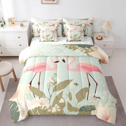 Erosebridal Flamingo 7 Piece Bedding Set Queen Tropical Hawaii Comforter Set with Sheets Cherry Blossom Branch Bed in a Bag Spring Romantic Style Bed Sets