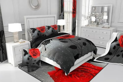 jejeloiu Red Rose Comforter Set Queen Size Kids Floral Flower Bedding Set for Boys Girls Teens Garden Flower Butterfly Duvet Breathable Romantic Quilt Bedroom Decor,1 Comforter with 2 Pillowcase