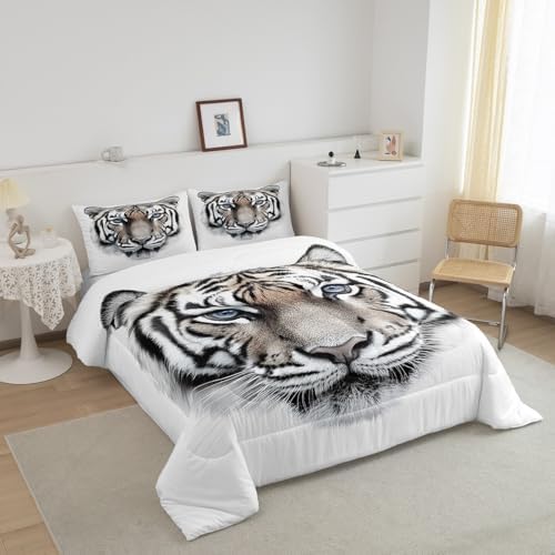 Erosebridal Boys Tiger Comforter Set Queen Size, Wild Animal Print Down Comforter for Boys Girls Teens Adult Bedroom, Grey Tiger Skin Duvet Insert Black White Stripe Bedding Comforters for Bedroom