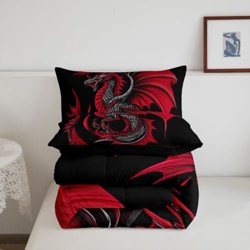 Feelyou Dragon Bedding Set Soft for Boys Girls, Wild Life Comforter Set Queen Size Jungle Dragon Duvet Quilt Microfiber Red Black Bedroom Decor 3 Pcs with 2 Pillow Cases