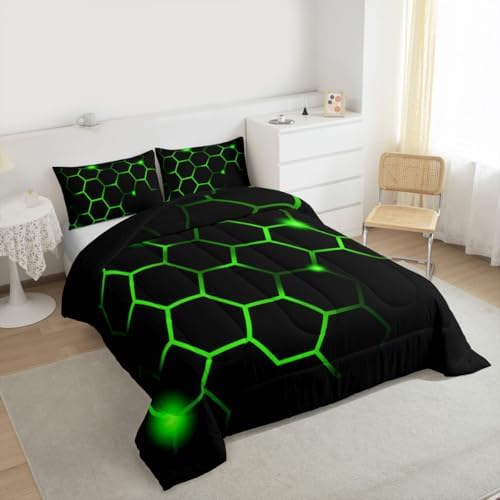 Feelyou Hexagonal Comforter Set Geometric Honeycomb Bedding Set for Kids Adults Neon Green Black Comforter Modern Hexagon Beehive Quilt Set Ultra Soft Room Decor Full Size Bedroom Collection 3Pcs