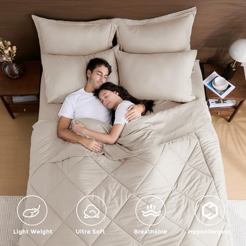 HEVUMYI 7-Piece California King Comforter Set, Beige Bed in a Bag