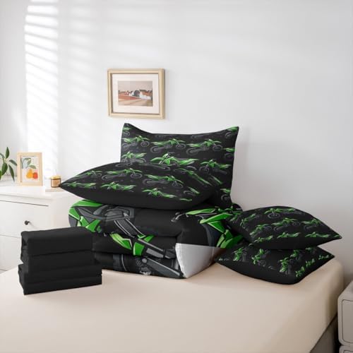 Erosebridal Boys Green Motocross King Comforter Set with Sheets, Dirt Bike Bed in A Bag, Racing Motocross 7 Pcs Bedding Set, Cool Motorcycle Black Bed Sets for Kids Teens Youth Men Bedroom Decor