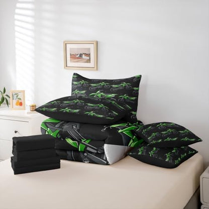 Erosebridal Boys Green Motocross King Comforter Set with Sheets, Dirt Bike Bed in A Bag, Racing Motocross 7 Pcs Bedding Set, Cool Motorcycle Black Bed Sets for Kids Teens Youth Men Bedroom Decor