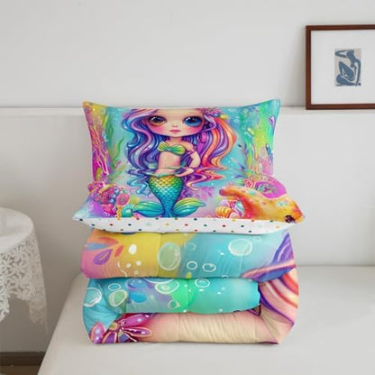 Cartoon Mermaid Comforter Set King Size Colorful Ocean Theme Bedding Set with 2 Pillowcases for Kids Child Girls,Princess Bedroom Cartoon Quilt Underwater World Starfish Duvet Double-sided Printing