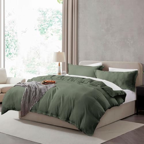 Hearth & Harbor Prewashed Twin Duvet Cover Set, Olive Green