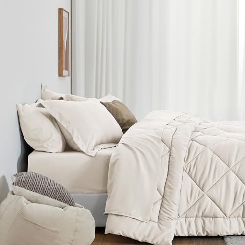 Love's cabin Twin Comforter Set Off White, 5 Pieces Twin Bed in a Bag, All Season Bedding Sets with 1 Comforter, 1 Flat Sheet, 1 Fitted Sheet, 1 Pillowcase and 1 Pillow Sham