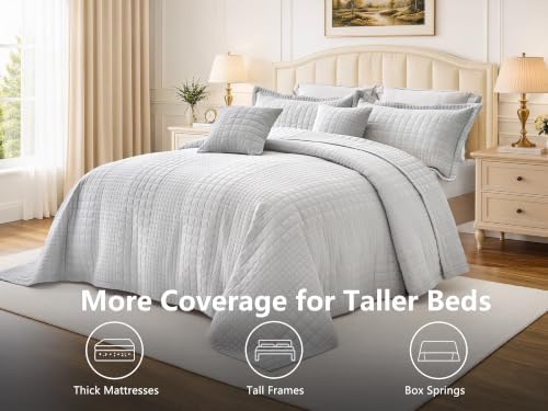Oversized King Bedspreads 128x120, Grid Stitch, Light Gray