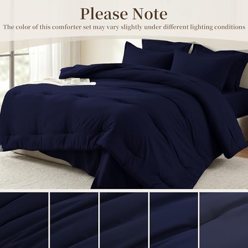 California King Comforter Set 7 Pieces - Ultra-Soft Bed in a Bag, Cozy Luxury All Season Bedding Sets with Comforter, Flat Sheet, Fitted Sheet, 2 Pillow Shams & 2 Pillowcases, Navy Blue