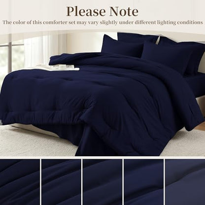 California King Comforter Set 7 Pieces - Ultra-Soft Bed in a Bag, Cozy Luxury All Season Bedding Sets with Comforter, Flat Sheet, Fitted Sheet, 2 Pillow Shams & 2 Pillowcases, Navy Blue