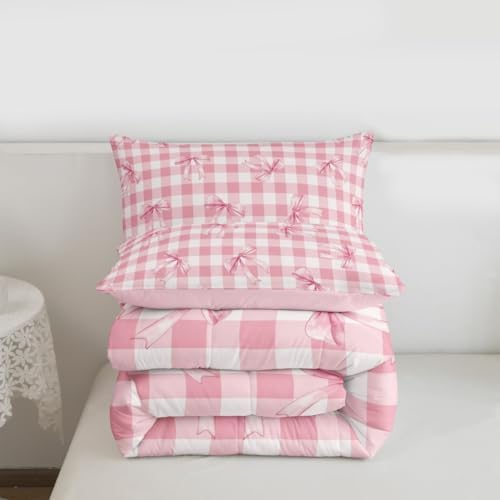 jejeloiu Checkerboard Bowknot Comforter Set All Season Pink Bow Bedding Set with 1 Pillow Cases Plaid Microfiber Kids Toddler Bedclothes Green Bedroom Decor Duvet Quilt Breathable Soft Lightweight