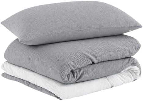 EMME Muslin Cotton Duvet Cover Set Linen Like Light Grey&White Twin