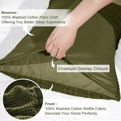 PHF 100% Cotton Waffle Pillow Shams King Size, 2 Pack 20" x 36" Soft Skin-Friendly Pillowcases, No Filling, Aesthetic Woven and Breathable Waffle Weave Pillow Case Covers for Bed, Capulet Olive