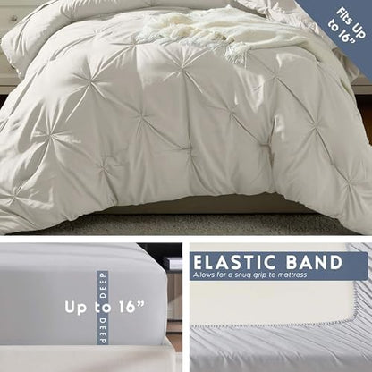 Nestl 7 Piece Twin Comforter Set – Off White Pinch Pleated Bed in a Bag – Complete Twin Size Bedding Set with Sheets, Set of 2 Cooling Pillows, Pillowcase and Sham