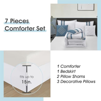 LANCO MODERN LIFESTYLE 7 Piece Comforter Set, Blue White, King Size, Boho Style Geometric Microfiber Embroidery, Bed in a Bag with Bedskirt, Pillow Shams and Decor Pillows