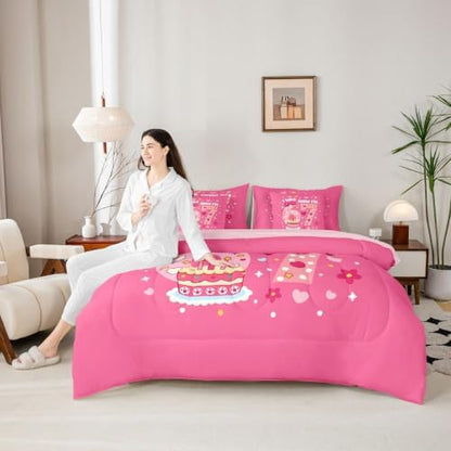 Erosebridal Pink 67 Bow Bedding Set 7 Piece Twin Size for Girls Kawaii Love Heart Princess Comforter Set for Kids Teen Women,Six Seven Bed in A Bag with Sheets Cute Girly Bed Sets