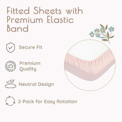 Fitted Crib Sheets for Girls, 2 Pieces 52"x28" 100% Cotton Crib Mattress Sheet, Absorbent Baby and Toddler Bed Sheets, Mattress Cover Oeko-TEX Cribs Sheet Set, Pink Floral Girl Nursery Gift Set