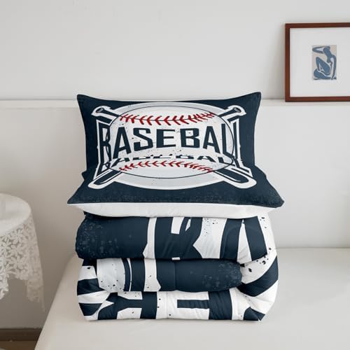 Manfei Baseball Comforter Set King Size Sports Theme Bedding Set 3pcs for Kids Boys Teens Bedroom Decor, Vintage Sports Baseball Gaming Duvet Insert Navy Blue Quilted Duvet with 2 Pillowcases