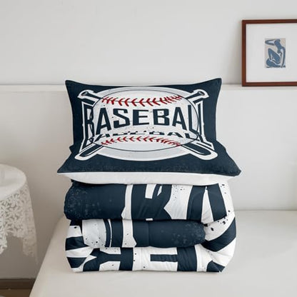 Manfei Baseball Comforter Set King Size Sports Theme Bedding Set 3pcs for Kids Boys Teens Bedroom Decor, Vintage Sports Baseball Gaming Duvet Insert Navy Blue Quilted Duvet with 2 Pillowcases