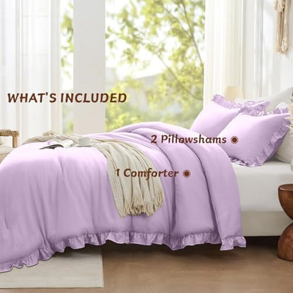 FUANNA Full Size Comforter Sets, Lavender Ruffle Bedding Set, 3 PCS Bed Set