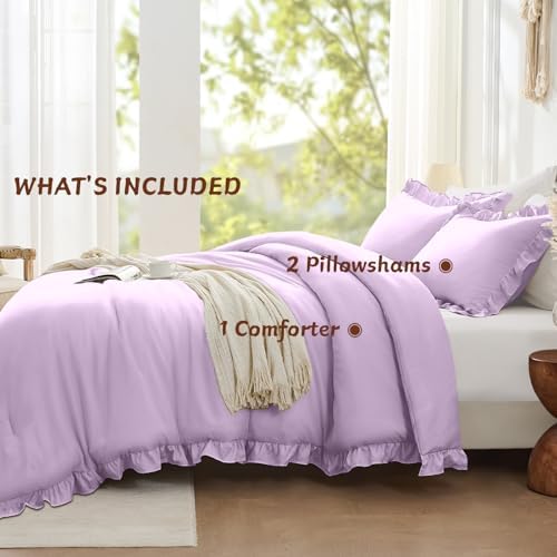 FUANNA Queen Comforter Set, 3 Pieces Bedding Sets, Ruffle Bed Set, Lavender