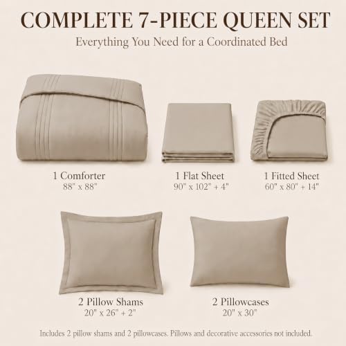 CozyLux Queen Comforter Set Wheat - 7 Pieces Vertical Quilted Bed in a Bag