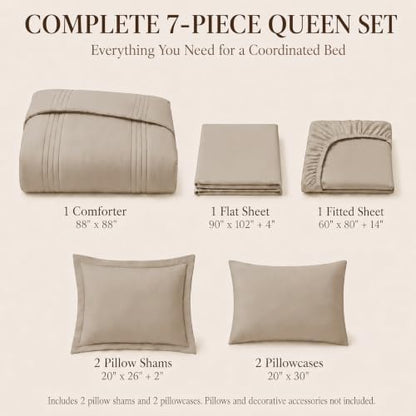 CozyLux Queen Comforter Set Wheat - 7 Pieces Vertical Quilted Bed in a Bag