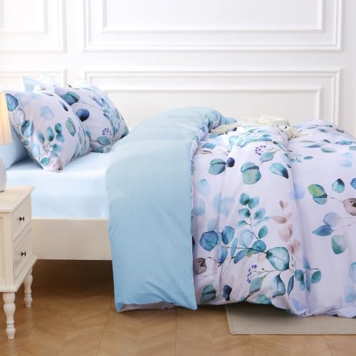 MUXHOMO Oversized King Comforter Set, Blue Elegant Floral Print Bed in a Bag 7 Pieces, Ultra Soft & Breathable Reversible Botanical Pattern Bedding Set with Comforter, Sheets, Pillowcases, and Shams